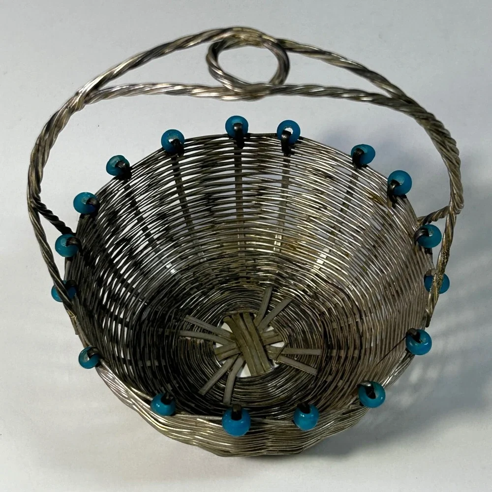 Vintage Silver Wire Woven Miniature Basket with Turquoise Blue Glass Beads 3in
